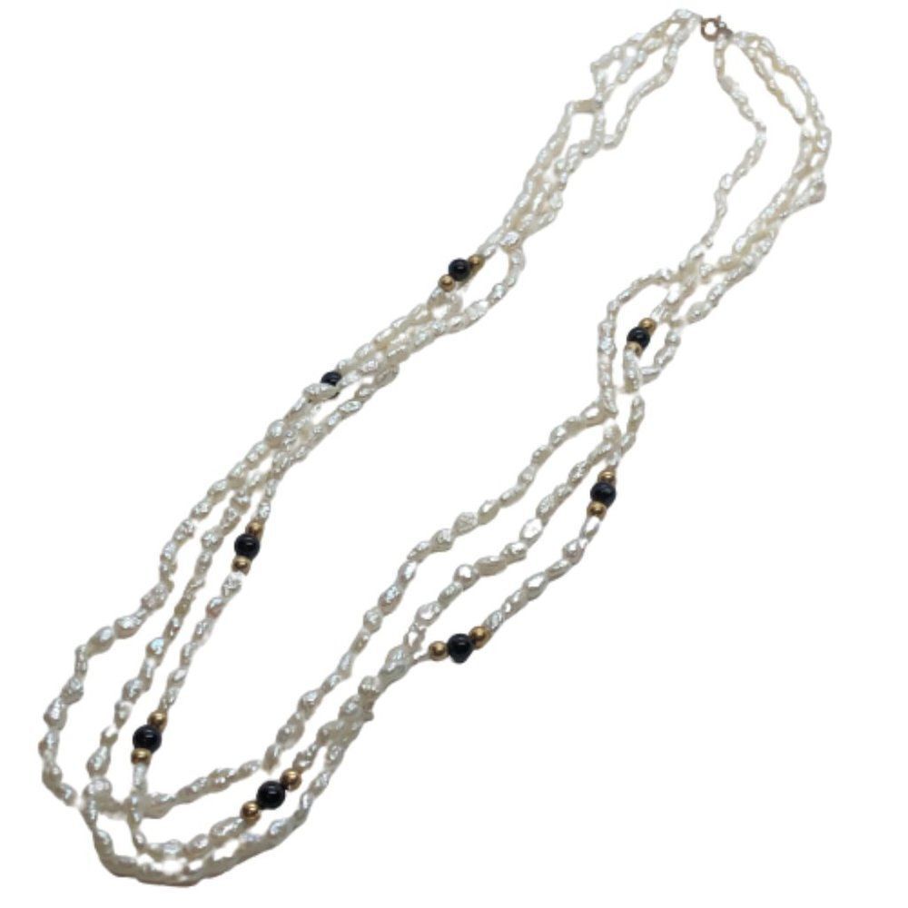 Stunning Vintage 16" Triple Strand Rice Pearl, Black Onyx & 14K Gold Necklace - Picture 6 of 10
